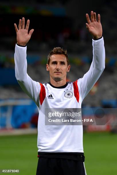 Miroslav Klose of Germany celebrates the 7-1 win after the 2014 FIFA World Cup Brazil Semi Final match between Brazil and Germany at Estadio Mineirao...