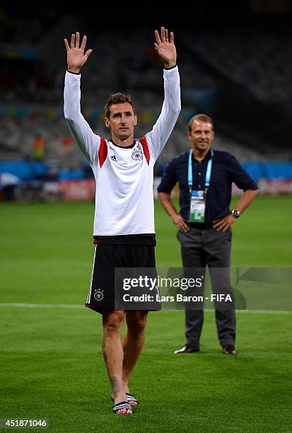 Miroslav Klose of Germany celebrates the 7-1 win after the 2014 FIFA World Cup Brazil Semi Final match between Brazil and Germany at Estadio Mineirao...