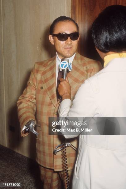 Private investigator Jay J. Armes at the custody trial for Marlon Brando's son Christian whom Mr. Armes found after he had been kidnapped by his...