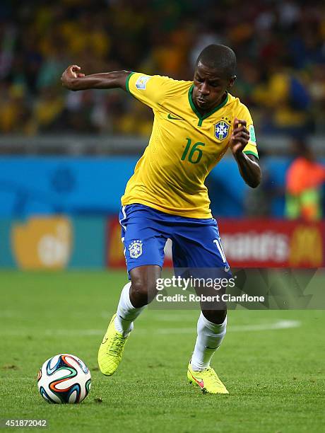 Ramires of Brazil controls the ball during the 2014 FIFA World Cup Brazil Semi Final match between Brazil and Germany at Estadio Mineirao on July 8,...