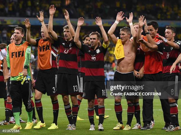 Germany's players including Germany's goalkeeper Ron-Robert Zieler, Germany's defender Matthias Ginter, Germany's forward Thomas Mueller, Germany's...