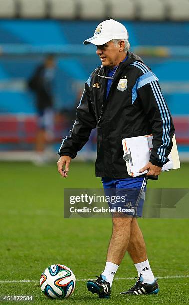 Alejandro Sabella looks on during a training session at Arena Corinthians on July 08, 2014 in Sao Paulo, Brazil. Argentina will face The Netherlands...