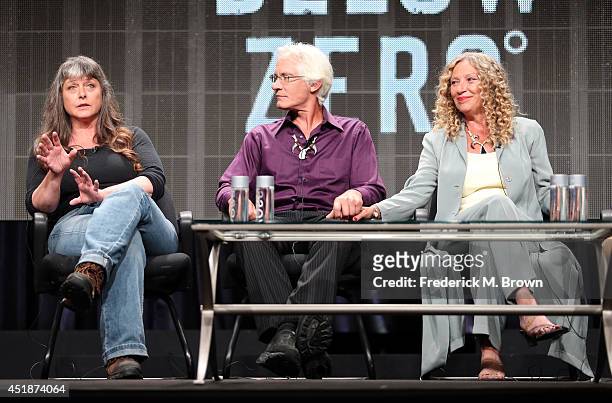 Sue Aikens, Andy Bassich and Kate Rorke speak onstage at the "Life Below Zero" panel during the National Geographic Channels portion of the 2014...