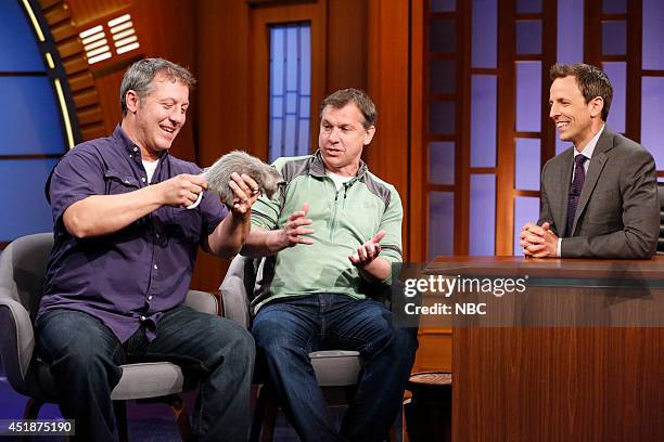 Episode 066 -- Pictured: Martin Kratt and Chris Kratt of Kratts' Creatures during an interview with host Seth Meyers on July 8, 2014 --