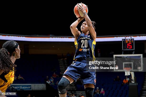 Briann January of the Indiana Fever shoots jumper against the Tulsa Shock during the WNBA game on July 8, 2014 at the BOK Center in Tulsa, Oklahoma....