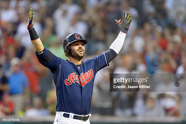 Nick Swisher of the Cleveland Indians celebrates after hitting a two run home run during the sixth inning against the New York Yankees at Progressive...