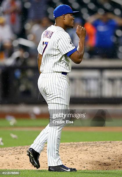Jeurys Familia of the New York Mets celebrates the win after the game against the Atlanta Braves on July 8, 2014 at Citi Field in the Flushing...