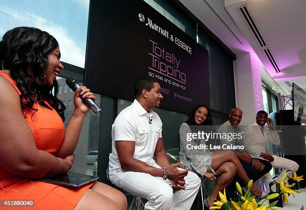 Laz Alonso, Angela Simmons, and Boris Kodjoe attend Totally Tripping Panel Discussion during ESSENCE Festival presented by Marriott International,...