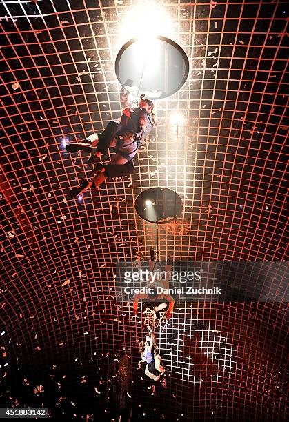 Cast members perform during the "Wayra" opening night celebration at Daryl Roth Theatre on July 8, 2014 in New York City.