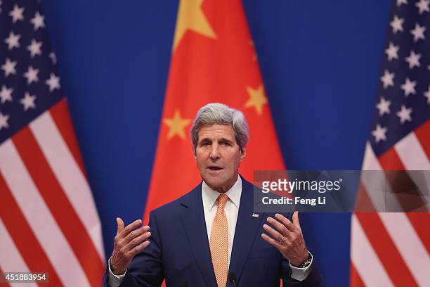 Secretary of State John Kerry gives a speech during the opening ceremony of the 6th China-U.S. Security and Economic Dialogue and 5th round of...