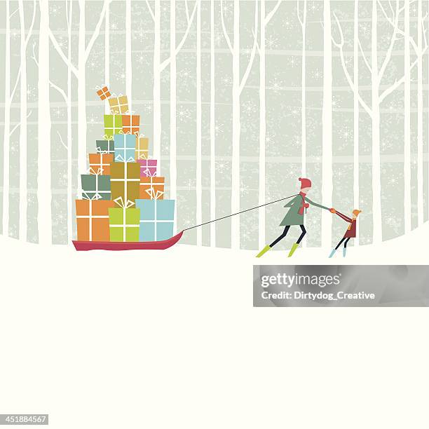 christmas gifts pulled through snowy woods on sledge - tobogganing stock illustrations