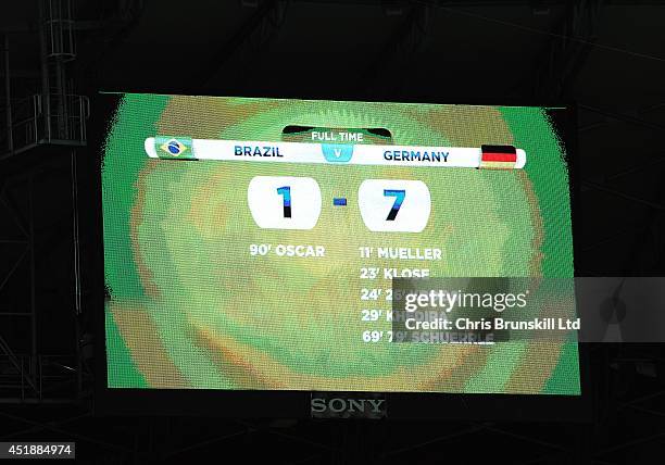 The scoreboard shows the final score of 1-7 following the 2014 FIFA World Cup Brazil Semi Final match between Brazil and Germany at Estadio Mineirao...