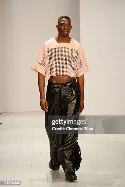 Model poses at the Franziska Michael show during the Mercedes-Benz Fashion Week Spring/Summer 2015 at Erika Hess Eisstadion on July 9, 2014 in...