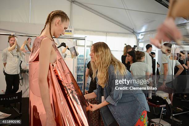 Designer Franziska Michael is seen backstage with models ahead of the Franziska Michael show during the Mercedes-Benz Fashion Week Spring/Summer 2015...