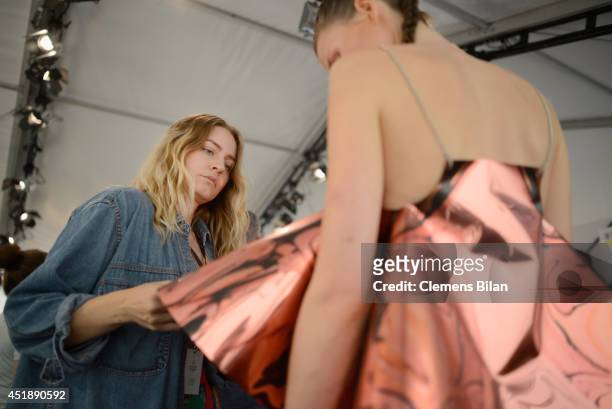 Designer Franziska Michael is seen backstage with models ahead of the Franziska Michael show during the Mercedes-Benz Fashion Week Spring/Summer 2015...