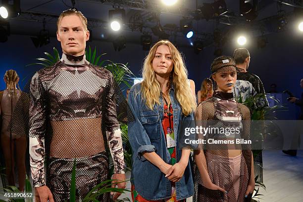 Designer Franziska Michael poses with models after at the Franziska Michael show during the Mercedes-Benz Fashion Week Spring/Summer 2015 at Erika...