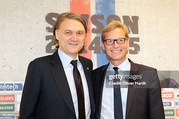 New Chairman Dietmar Beiersdorfer and Karl Gernandt of Hamburger SV attends a press conference at Imtech Arena on July 9, 2014 in Hamburg, Germany.