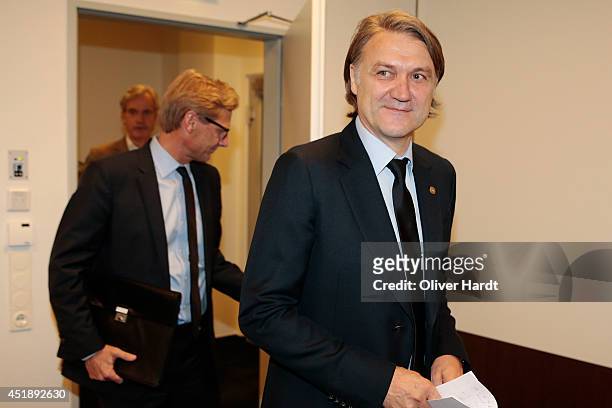New Chairman Dietmar Beiersdorfer of Hamburger SV attends a press conference at Imtech Arena on July 9, 2014 in Hamburg, Germany.