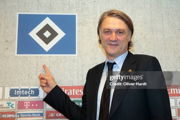 New Chairman Dietmar Beiersdorfer of Hamburger SV attends a press conference at Imtech Arena on July 9, 2014 in Hamburg, Germany.