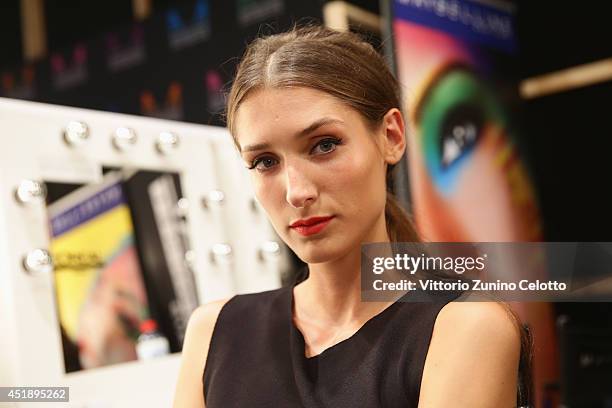 Leyla Mert is seen backstage ahead of the Minx by Eva Lutz show during the Mercedes-Benz Fashion Week Spring/Summer 2015 at Erika Hess Eisstadion on...