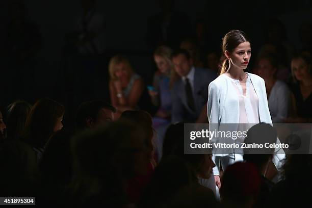 Model is seen during the Minx by Eva Lutz show during the Mercedes-Benz Fashion Week Spring/Summer 2015 at Erika Hess Eisstadion on July 9, 2014 in...