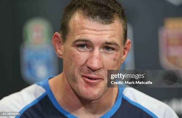 Paul Gallen of the Blues speaks to the media at a post game press conference after game three of the State of Origin series between the Queensland...