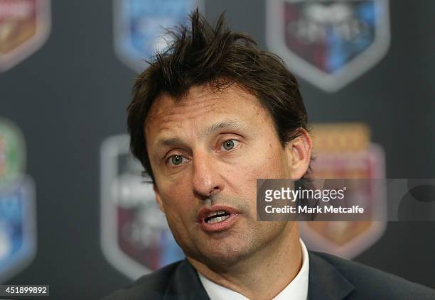 Blues head coach Laurie Daley speaks to the media at a post game press conference after game three of the State of Origin series between the...