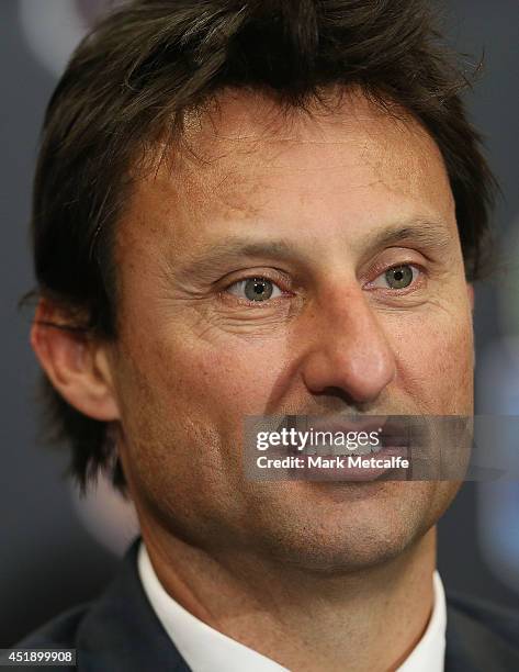 Blues head coach Laurie Daley speaks to the media at a post game press conference after game three of the State of Origin series between the...