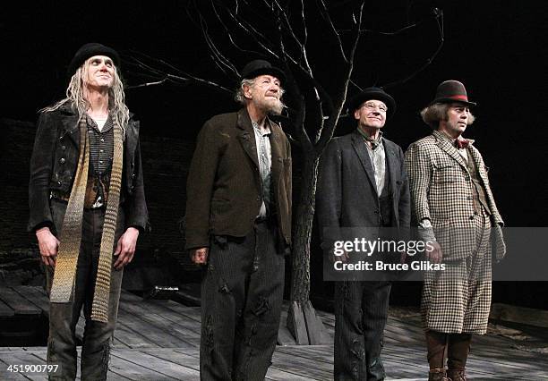 Billy Crudup, Ian McKellen, Patrick Stewart and Shuler Hensley take their Opening Night Curtain Call for 'Waiting For Godot' at the Cort Theatre on...