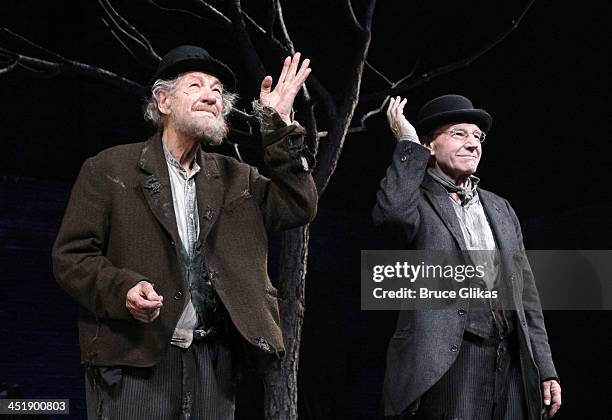 Ian McKellen and Patrick Stewart take their Opening Night Curtain Call for 'Waiting For Godot' at the Cort Theatre on November 24, 2013 in New York...