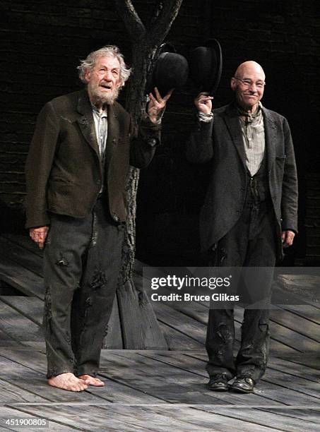 Ian McKellen and Patrick Stewart take their Opening Night Curtain Call for 'Waiting For Godot' at the Cort Theatre on November 24, 2013 in New York...