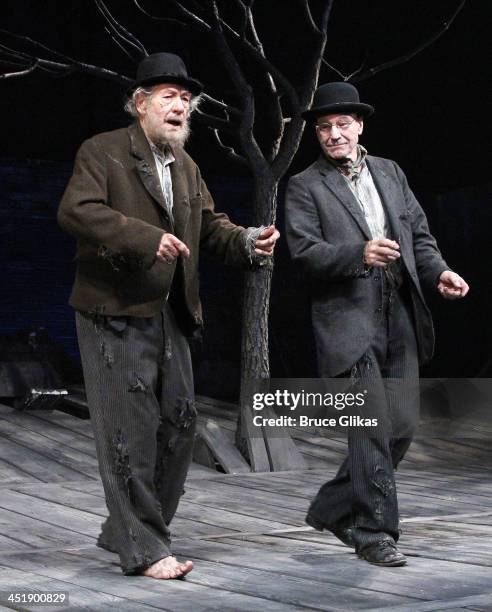 Ian McKellen and Patrick Stewart take their Opening Night Curtain Call for 'Waiting For Godot' at the Cort Theatre on November 24, 2013 in New York...