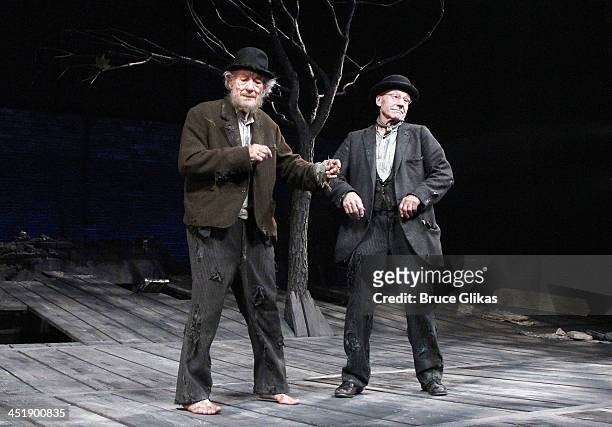 Ian McKellen and Patrick Stewart take their Opening Night Curtain Call for 'Waiting For Godot' at the Cort Theatre on November 24, 2013 in New York...