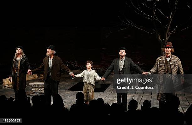 Actors Billy Crudup, Ian McKellen, Adian Gemme, Patrick Stewart and Shuler Hensley take a bow during curtain call at the opening night of "Waiting...