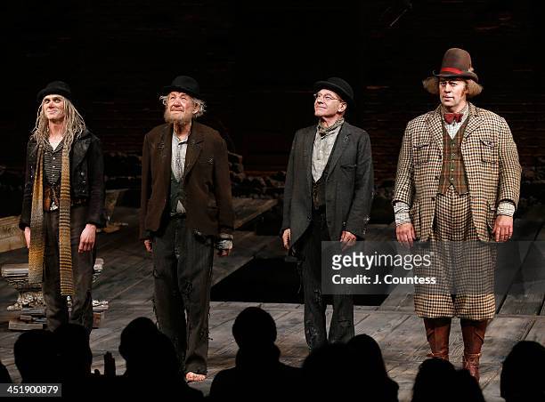 Actors Billy Crudup, Ian McKellen, Patrick Stewart and Shuler Hensley take a bow during curtain call at the opening night of "Waiting For Godot" at...