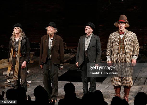 Actors Billy Crudup, Ian McKellen, Patrick Stewart and Shuler Hensley take a bow during curtain call at the opening night of "Waiting For Godot" at...
