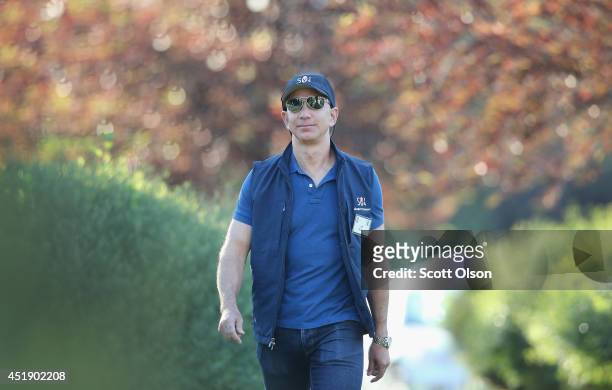 Amazon.com founder and CEO Jeff Bezos arrives at Sun Valley Lodge for the Allen & Co. Media and Technology Conference on July 9, 2014 in Sun Valley,...