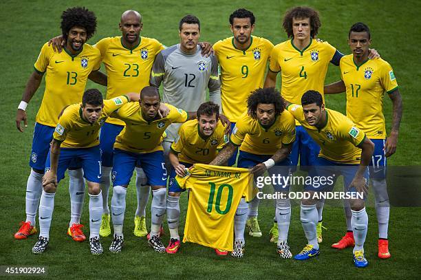 Brazil's defender Dante, Brazil's defender Maicon, Brazil's goalkeeper Julio Cesar, Brazil's forward Fred, Brazil's defender David Luiz and Brazil's...