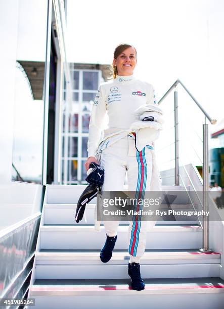 Susie Wolff of Great Britain and Williams is pictured in the paddock during previews for the British Formula One Grand Prix at Silverstone Circuit on...
