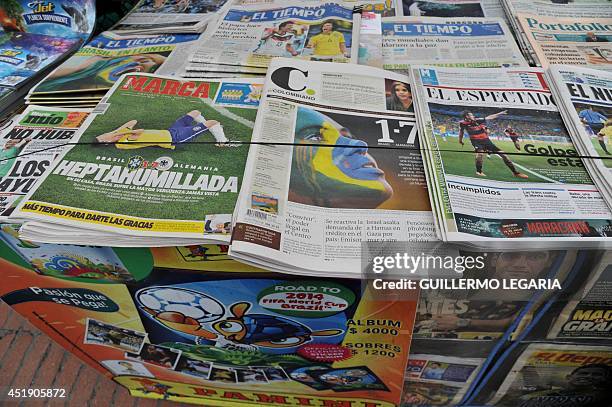 Pictures of Colombian newspapers taken at a newsstand in Bogota on July 9 a day after Germany beat Brazil with a record 7-1 victory in their FIFA...