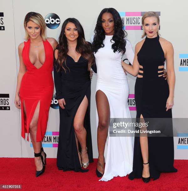 Recording artists Aubrey O'Day, Andrea Fimbres, Dawn Richards, and Shannon Bex of Danity Kane attend the 2013 American Music Awards at Nokia Theatre...