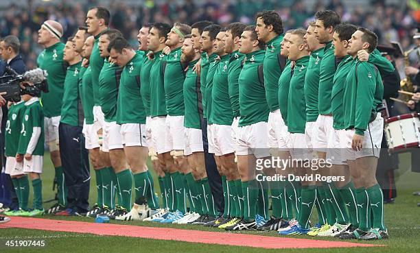 The Ireland team line up during the International match between Ireland and New Zealand All Blacks at the Aviva Stadium on November 24, 2013 in...