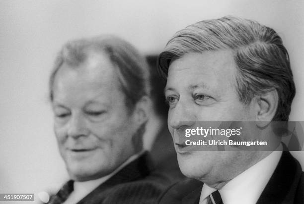 Helmut Schmidt and Willy Brandt during the SPD party convention in Berlin, on December 04, 1979 in Berlin, Germany.