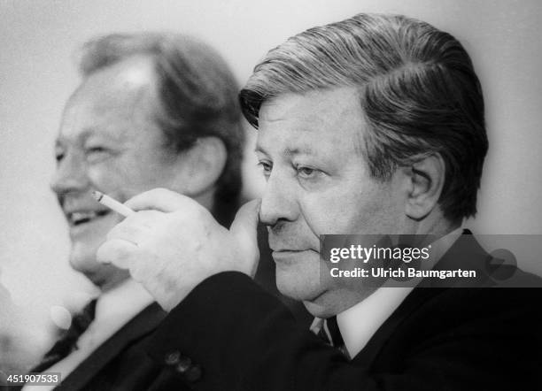 Helmut Schmidt and Willy Brandt during the SPD party convention in Berlin, on December 04, 1979 in Berlin, Germany.