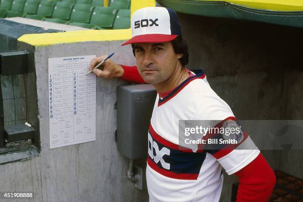 Portrait of Chicago White Sox manager Tony La Russa in dugout with lineup card before game vs Oakland Athletics at Comiskey Park. Chicago, IL...