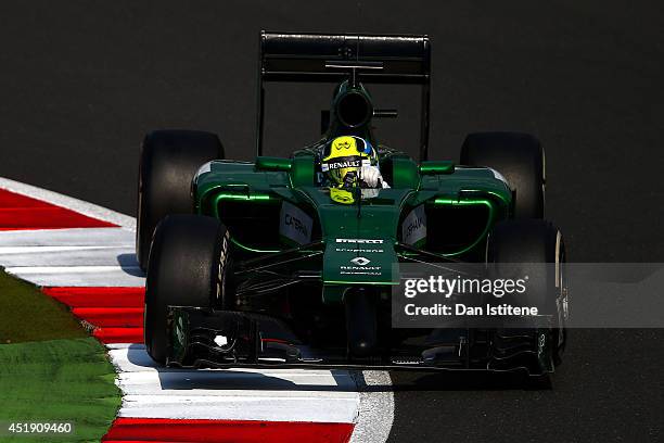 Julian Leal of Colombia and Caterham drives during day two of testing at Silverstone Circuit on July 9, 2014 in Northampton, England.