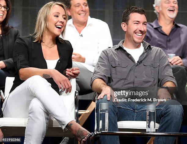 Eva Rupert and Jeff Zausch speak onstage at the "Naked and Afraid" panel during the Discovery Communications portion of the 2014 Summer Television...