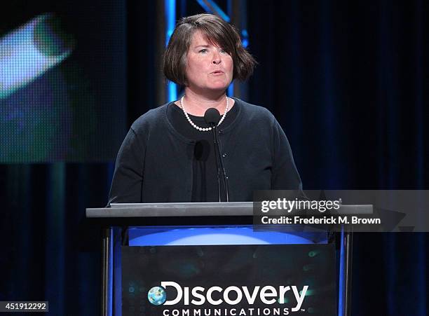 Group President Discovery Channel, Science Channel and Velocity Eileen O'Neill speaks onstage at the "Naked and Afraid" panel during the Discovery...