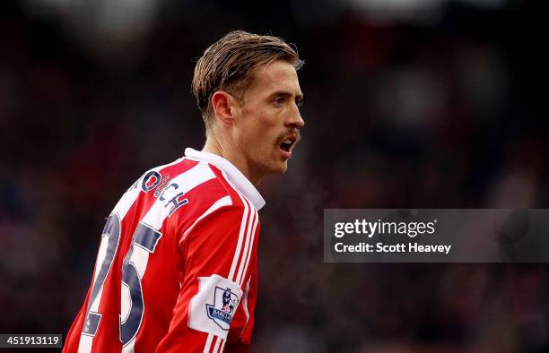 Peter Crouch of Stoke in action during the Premier League match between Stoke City and Sunderland at Britannia Stadium on November 23, 2013 in Stoke...