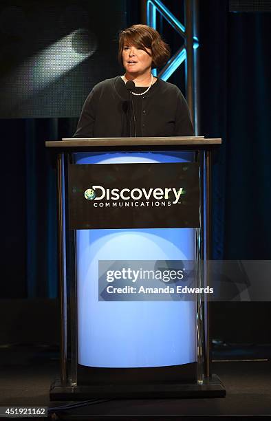 Eileen ONeill, Group President, Discovery Channel, Science Channel & Velocity, speaks during the Discovery Communications TCA Panel, Wednesday, July...